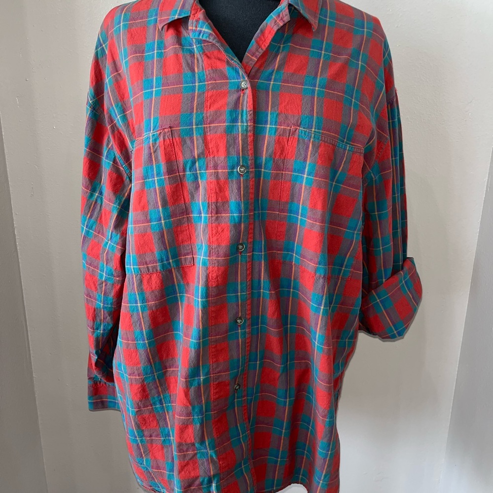 GENERRA Button Down Shirt Women’s Large Red Blue 80’s Oversized